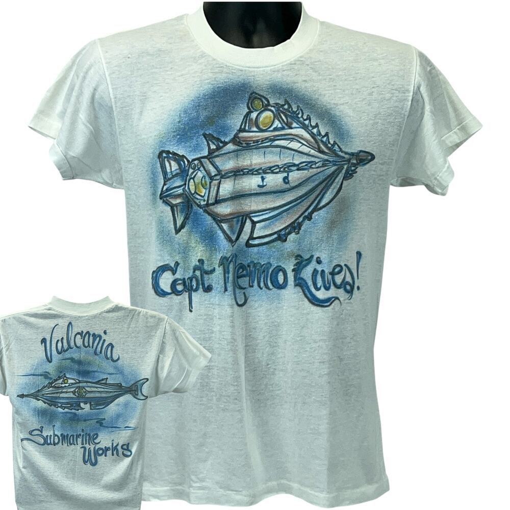Vintage 80s Captain Nemo Submarine T Shirt Vulcania Disneyland USA White S Small